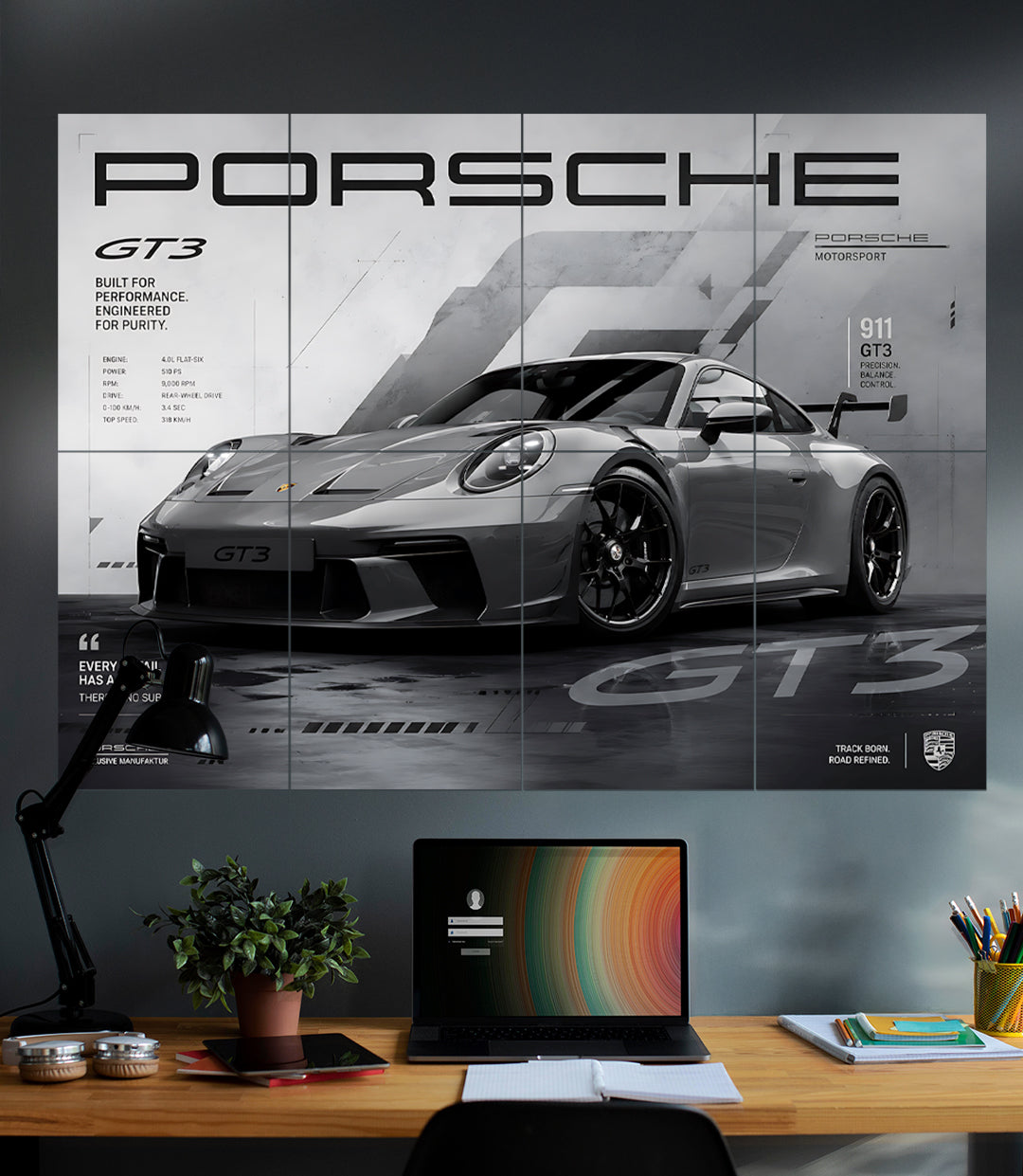 Porsche 911 GT3 | Minimal Motorsport Wall Art | 8 Panel Split Wall Set